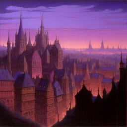 A light purple city in twilight painted by the Limbourg brothers