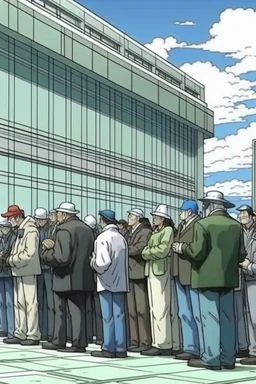 THE LAST GIANTS QUEING UP OUTSIDE CITADEL WAITING TO SIGN DOCUMENT FROM SMALL HUMANS STYLE OF HIROKU OGAI