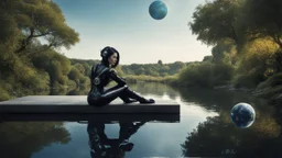 Fantasy Photo Of A Woman With Black Hair, Wearing A robot-looking catsuit, Sitting sideways On A Ledge next to a Pond, With A Planet Behind Her Head