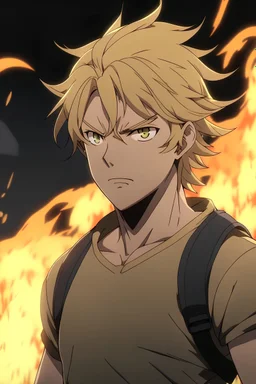 Anime man side character with blonde hair , lite muscles and aged 29 with explosions