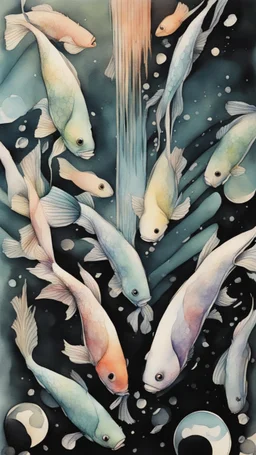 Create a fish in side a crystal ball with a smear . watercolor drawing fine line draw