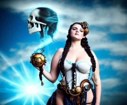 Very sensual gorgeous curvy young white woman brunette hair maiden dressed in blue posing sensually with plaits, and with a skull in her hand, background of ancient marble Roman arcs heavenly sunshine beams divine bright soft focus holy in the clouds steampunk engine steampunk engine.