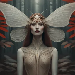 Surrealism. close-up headshot. A humanoid moth woman stands in a misty forest, her wings folded against her back. long brown hair, Low-angle shot. Inspired by the art of Salvador Dali and Zdzisław Beksiński. Delicate, swirling patterns on her wings like silk. red Human eyes with vertical pupils, surrounded by intricate, feathery lashes. Soft, ethereal light filtering through the mist. Pale, shimmering colors with touches of iridescent red and brown. best quality, incredibly detailed