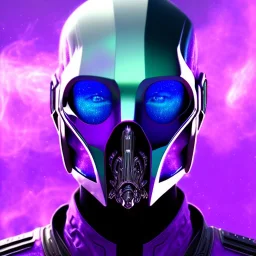 futuristic purple masked villain in galaxy, teal and purple smoke, detailed, realistic, 4k