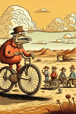 giant old bicycle with pepe on the top smoking in the desert with small people around in the style of Hiroshi Nagai