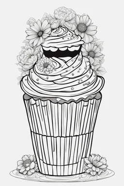 create a outlined coloring page of a smiling cup cake. Pay attention to the details of the faces and flowers and the emotions conveyed by the couple. White background, sketch style, half of body, use outline, Mandala style, clean line art, no shadows, no coloring, no shading, no grey.