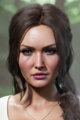 Camilla luddington face, big busty hitomi tanaka, texture skin,Crystal yellow eyes, long white hair, wearing The Lara Croft, realistic, 4k, intricate, best quality, fog particles, fire particles, octane render, vray, sword fire, rain