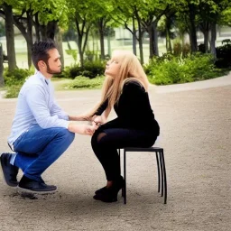 Sad beautiful lady trying to stop handsome man from leaning , park, realistic, intricate, insanely detailed