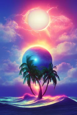 1980's vaporwave aesthetic palm trees with lightning with solar eclipse in the ocean waves sunset