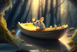 strong mouse in cheese boat, in monlit forest by stream, book illustration, fine detail, 4k, trending, volumetric light, depth of field