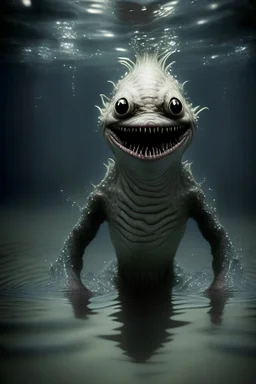 creature made from water, black eyes, smiling mouth, without nose, lighting body, The wearing nothing, full body, high details, stunning realistic photograph