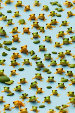 Lots of very tiny frogs on a plain background