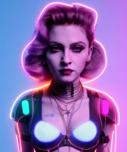 Artist, young madonna, ciborg woman, glow iris, piercings, sweet, punk hair, blonde, white skin, long eyeliner, glow pink cheeks, glossy lips, color leds lights, cables, circuits, cyberpunk, latex coat, cyber punk, neon, portrait, studio photo, unreal engine 5, soft color, 16 bit, god lights, ray tracing, RTX, lumen lighting, ultra deatail, volumetric lighting, 3d, finely drawn, hd.