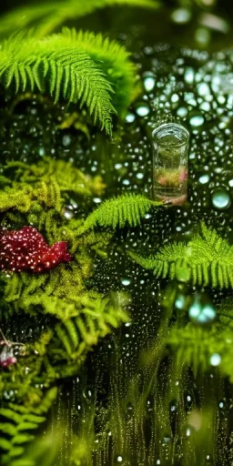 cinematic shot of flowers and ferns inside a test tube, waterdrops, dewdrops, moss, crystal, luxurious, bell jar