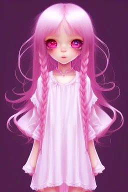 Loli wearing long nightgown, hands behind back, wholesome, innocent, long pink hair, tilted head