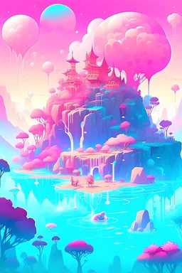 A digital illustration of a dreamy fantasy world filled with floating islands and magical creatures. Inspired by the artist Victoria Ying. The colors are pastel and ethereal, evoking a sense of wonder. The characters have serene and enchanting expressions. The lighting is soft and mystical, enhancing the dreamlike ambiance