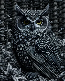 Owl in the woods incredibly detailed 8k ink art