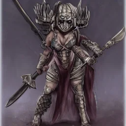 Female goblin in torn body armor with battle ax and lots of piercings