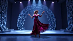 modern stage with gray-blue theme artistic decoration , color full dynamic lighting, a beautiful lady in modern maxy dark purple red dress with shining silver jwells dancing, 3D recursive fractal structure animating background