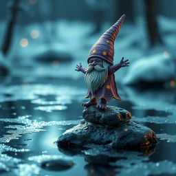 airbrush and pen outline, a glittering Deep Gnome (Svirfneblin) balancing on frozen pond, goa psy ambient in the style of vangelis and fsol, source vibrations, bokeh like f/0.8, tilt-shift lens 8k, high detail, smooth render, down-light, unreal engine, prize winning