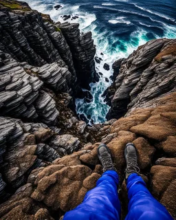 from the point of view of a rock climber, look down at the ocean rocks below as you climb high into the bluffs of ireland. holding on to the cliff face, the ocean below storms and swirls around a giant whirlpool, a great pit in the ocean