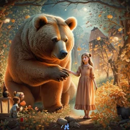 The girl and the brown bear, fabulous, dreamlike, children's story, anatomically correct, figures completely in the frame, no writing, no numbers, in the Style of Vania Zouravliov, Sherry Akrami, Ivan Bilibin, Maria Sibylla Merian, Alex Almany, Daniel Merriam, Jean Baptiste Monge, Iwona Lifsches Modifiers: bokeh digital painting elegant extremely detailed Award winning photography fantasy intricate 8k very attractive award winning imperial colors fantastic view 4K 3D crisp quality hdr very cute