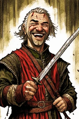 Strand von Zarovich smiling, holding a bloodied sword