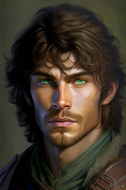 dnd, hyper realistic portrait, human bard musician with magical powers, leather armor, short messy shaggy brown hair, blue-ish green eyes, very handsome, chiseled bone structure, warm friendly, charming, romantic, ruggedly handsome, outlander, 25 years old, ian summerholder