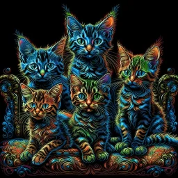 A cat with blue eyes is sitting on an armchair and next to her are three sweet and beautiful kittens against a black background and they are all looking at the camera, computer graphics by Louis Wayne, Behans, psychedelic art, quantum wave racing, psychedelic, mystical