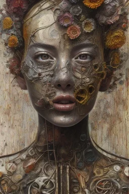 an abstract painting of flowers, by anselm kiefer and lucian freud, rust, scaffolding, iron cladding, decay, mixed media, textured, anatomically correct, beautiful perfect asian face, sharp focus, highly detailed