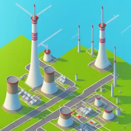 isometric architecture illustration of a village in the mountains with a power plant and a communication tower