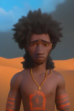 3D render of a cyberpunk tribal young black man, black afro hair, ragged shirt, on a orange dune background, digital art