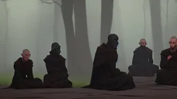 Black robed monks sitting around a fire in the forest