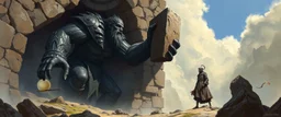 epic fantasy illustration, black giant throwing stone sculpture into wall