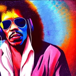 a realistic portrait of Jimi Hendrix at a turntable with headphones on being a DJ, vivid color, with sunglasses