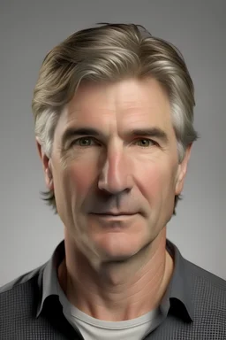 realistic, (44yr old male)without makeup, Caucasian face, studio lighting, cinematic light, handsome man, dark blond middle hair, no smile, (head frame), on light background, curiously complete, elegant, close to perfection, dynamic, highly detailed, non-symmetrical body a, detailed natural oily hair and skin texture.