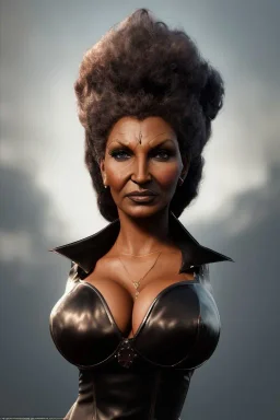 Pam Grier as evil queen in black leather, leather, busty, cleavage, angry, stern look. character design by cory loftis, fenghua zhong, ryohei hase, ismail inceoglu and ruan jia. unreal engine 5, artistic lighting, highly detailed, photorealistic, fantasy