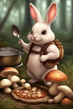 Cute chubby bunny floppy ears adventurer dnd cooking with mushrooms art realism