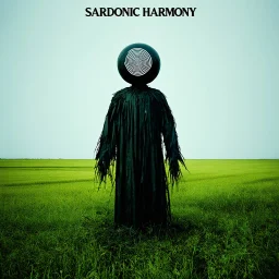 Oddball reality hack, color photographic poster featuring glitchy negative space, TEXT "SARDONIC HARMONY", nihilistic, sentinel anthropomorphic scarecrow-like creature with a featureless black round head with a white spiral pattern, minimalism, foreboding, background a surreal field, 'Pan's Labyrinth' style aesthetic