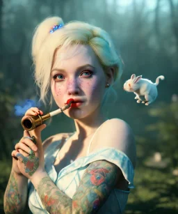 Ultra realistic wonderland photo, happy blonde woman smoking a pipe, blue dress, white rabbit pet, circus dress style, old school tattoo, smoke, marijuana garden, glow eyes, perfect iris, soft color, highly detailed, unreal engine 5, ray tracing, RTX, lumen lighting, ultra detail, volumetric lighting, high definition.