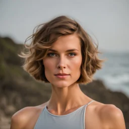 beautiful woman, standing frontal, short silver triathlon swimsuit, wavy bob haircut, photographed in front of beach, raw