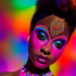 full body shot, masterpiece, best quality, family of three, dark skinned, sparkling eyes, fluorescent skin, colorful makeup, afro, highly detailed body, sun light, 4K, RAW, depth of field, high contrast, realistic details, 24mm