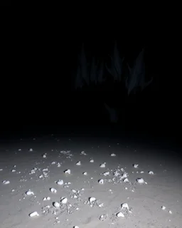 A photo of a dark, closed environment in a dark open space. There are white objects scattered around the area. The surface below is sandy, with small accumulations of rocks. In the background, very sharp forms or structures are visible, some of which are white and blue and organic in appearance. The image has a glossy finish. The aspect ratio is 85:128 and the exposure value is 6.
