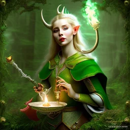 romantic fantasy spray painting, portrait of cute green eyed blonde robed elf poet with cute horned ornament,sitting in huge marble teacup, loosing torch in magical forest