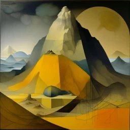 A yellow mountain in a thunderstorm designed in ancient Egyptian architectures and sculptures painted by Raymond Duchamp-Villon