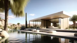 Generates a modern house on the edge of a lake in a desert environment with palm trees and catus based on the style of the work of Mies van der Rohe