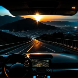 night time, a car dashboard lighting up, a dark mountain road in the windscreen, with a beautiful city in the distance, rising sun, photo quality