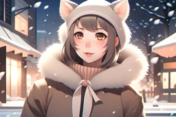 Digital Art, Digital Masterpiece, High Definition, Colorful, Natural Illumination, Spotlight, Day illumination, (1 beautiful young japanese woman:3), (nekomimi:2.5), (Black Cat ears:1.8), (Smooth skin:1.5), (Fair skin:1.5), (Kind smile:2), (Beige cute winter outfit:1.5), (Sitting on a Coffee Shop:1.5), realistic, action film style