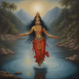 An oil painting of godess Kali crossing a lake