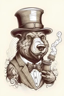 Funny smoking bear with a hat and vintage monocly Glass sketchy tattoo